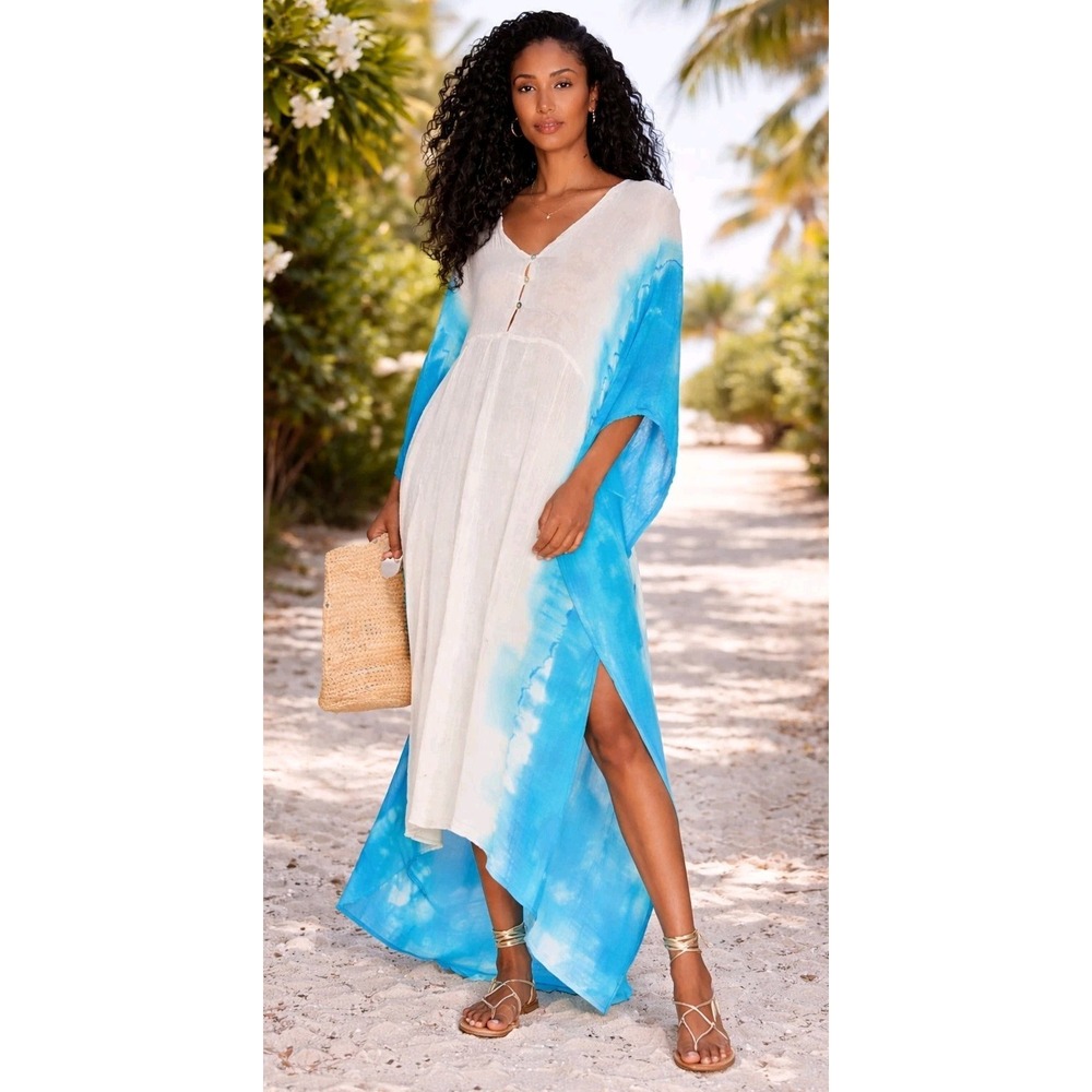 Jen's Pirate Booty Gauze Kaftan Maxi Dress One Size Ocean Blue Cream Hombre NWT